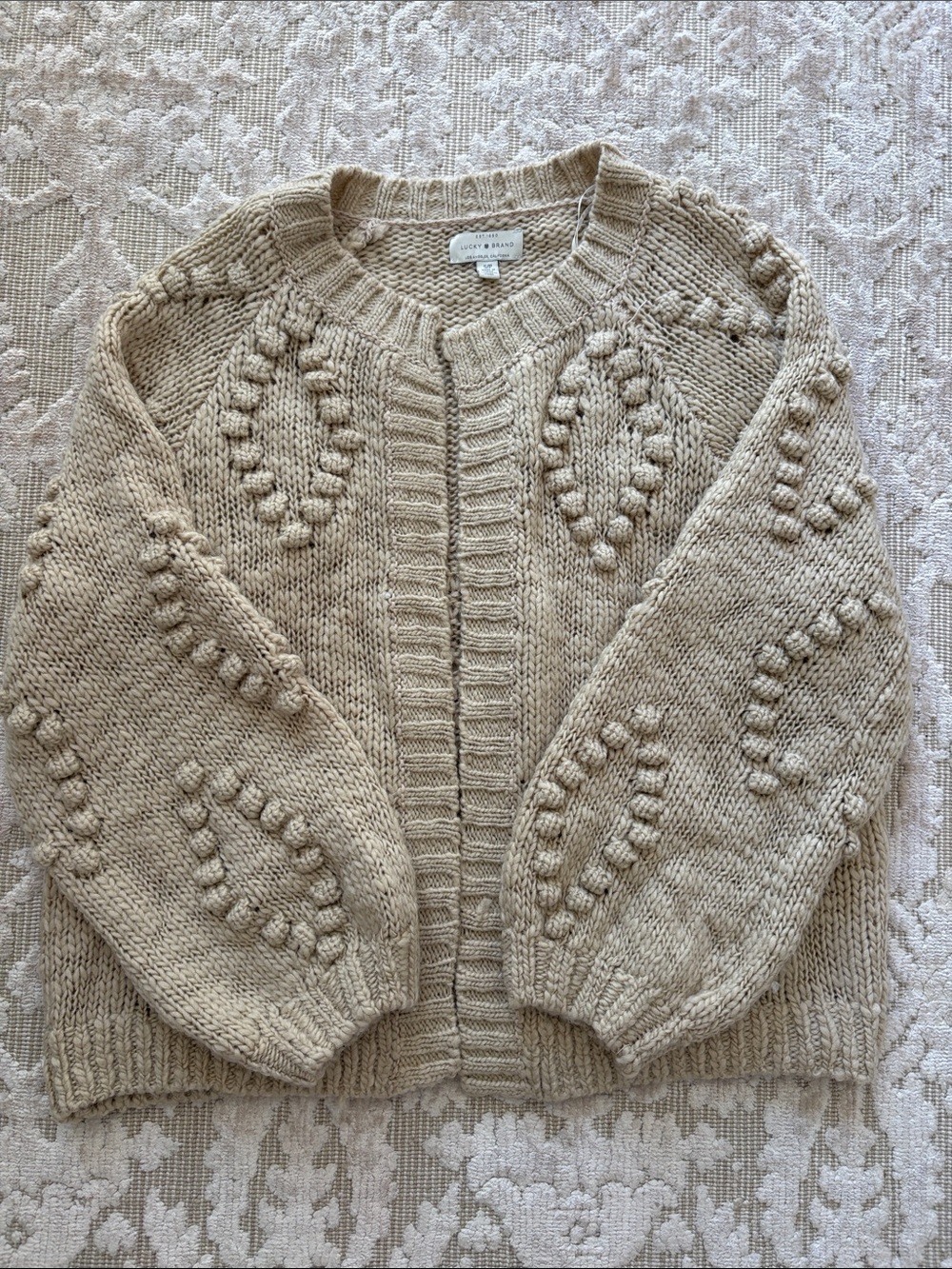 Lucky Brand Cream Cable-Knit Popcorn Cardigan Sweater